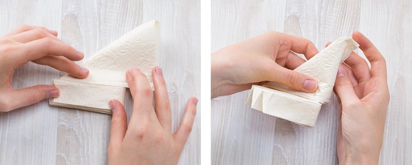 Schritt 7: obere rechte Ecke zum Fächer hin knicken sodass ein Dreieck entsteht Schritt 8: überstehende Serviette nach hinten umknicken Übriges Drittel nach rechts und das entstandene, überstehende Rechteck nochmals nach hinten.