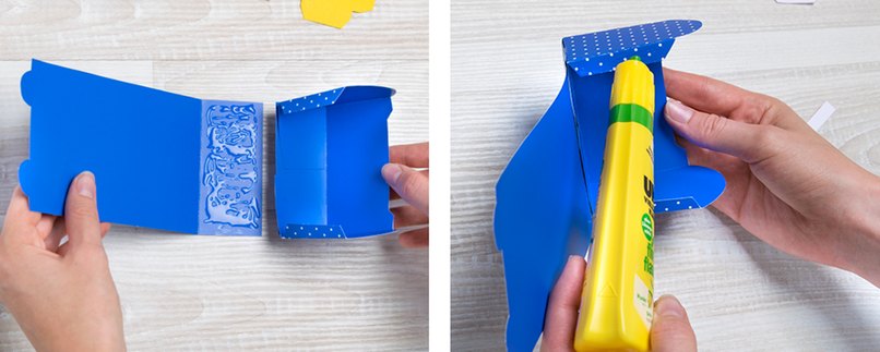 Teile für Geschenkverpackung in Schulranzen-Form kleben