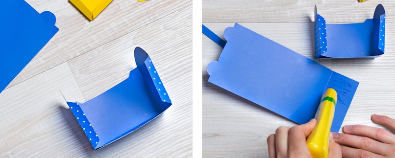 Teile für Geschenkverpackung in Schulranzen-Form falzen und kleben