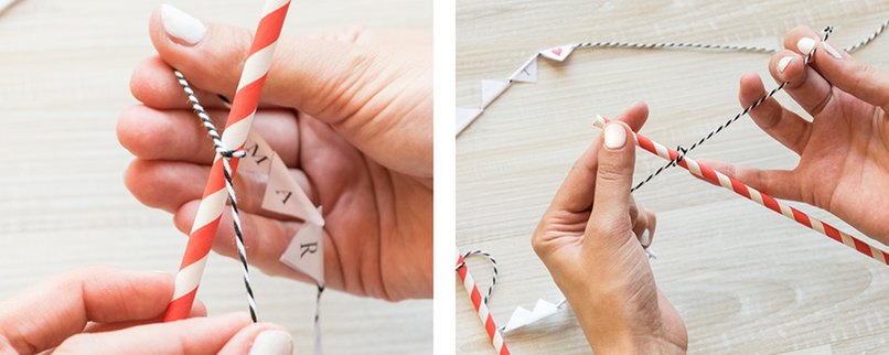 Schnurenden an jeweils einen Strohhalm binden