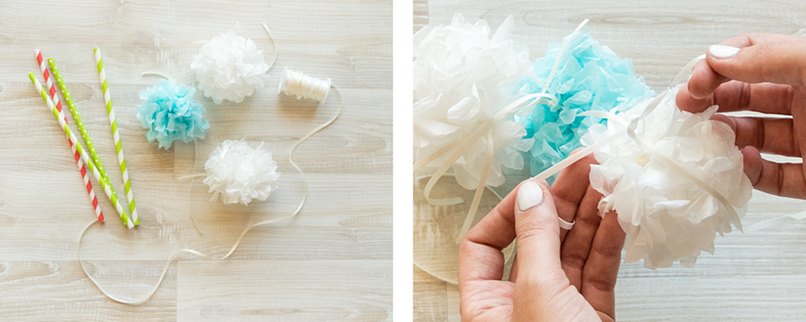 Material bereitlegen und gebastelte Pompons an Schnur festbinden.