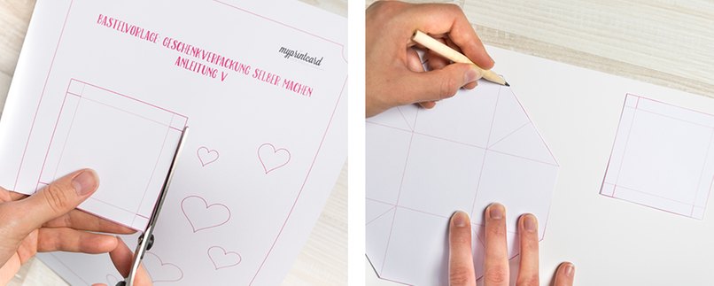 Schritt 3: Vorlage ausschneiden Schritt 4: Vorlage für die Box und den Deckel auf Bastelpapier übertragen Vorlage für Box und Deckel auf Bastelpapier übertragen.