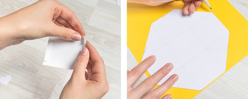 Schritt 7: Deckel nach Vorlage falten und kleben Schritt 8: Vorlage verwenden um auf das gelbe und orange Papier Punkte einzuzeichnen Deckel falten, kleben und Vorlage verwenden, um auf dem gelben und orangenen Papier Punkte einzuzeichnen.
