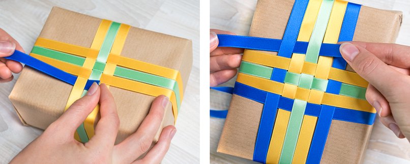 Schritt 5 und 6: Band mit der dritten Farbe integrieren Vorhergegangene Bänder mit dem Blauen Band kreuzartig einrahmen.