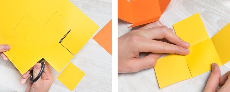 Schritt 9 und 10: gelbes und oranges Papier zurechtschneiden und falten Papier zuschneiden und falten.