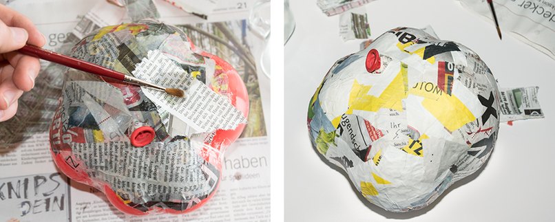 Ca. fünf Schichten Zeitungspapier mit dem angerührten Tapetenkleister und Pinsel auftragen.