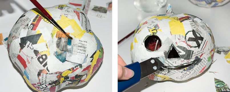 Forme aus Papier und Tapetenkleister einen Stengel. Schneide, wenn der Kürbis getrocknet ist, ein Gesicht hinein.
