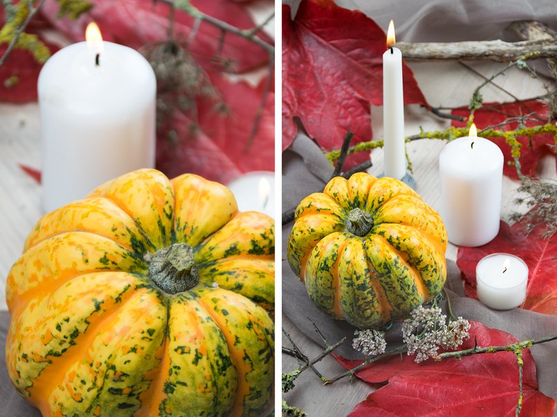 Zierkürbis mit verschiedenen Kerzen