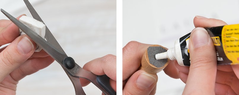 Wir entfernen den restlichen Radiergummi und bringen ihn mit etwas Kleber auf der Stempelhalterung an. Wir entfernen den restlichen Radiergummi und bringen ihn mit etwas Kleber auf der Stempelhalterung an.