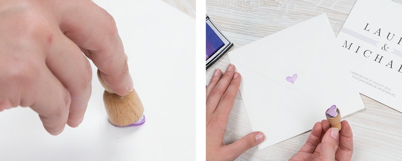 Jetzt probieren wir den Stempel aus, indem wir in einmal in das Farbkissen tauchen und auf unser Kuvert stempeln. Jetzt probieren wir den Stempel aus, indem wir in einmal in das Farbkissen tauchen und auf unser Kuvert stempeln.