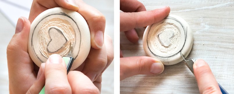 Mit einem Schnitzwerkzeug oder Cutter entfernen wir nun die Fläche zwischen Innerem Kreis und Herz. Sodass sich dort eine Vertiefung ergibt. Mit einem Cutter ziehen wir die Außenlinie des Kreises vorsichtig nach... Mit einem Schnitzwerkzeug oder Cutter entfernen wir nun die Fläche zwischen Innerem Kreis und Herz. Sodass sich dort eine Vertiefung ergibt. Mit einem Cutter ziehen wir die Außenlinie des Kreises vorsichtig nach...