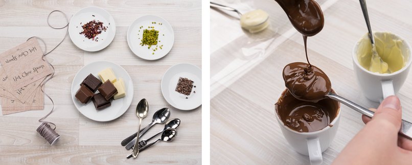 Schritt 1 - Materialien bereitlegen Schritt 2 - Flüssige Schokolade auf Löffel aufbringen