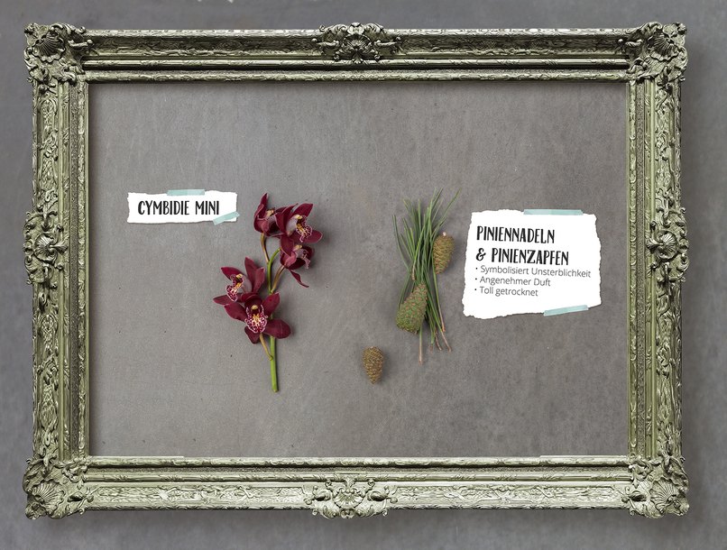 Interessante Kombination - Pininenzapfen und Mini-Orchideen