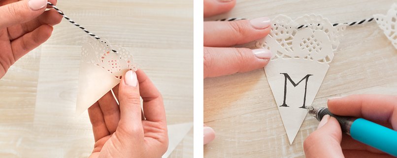 Dreiecke auffädeln und, sofern gewünscht, beschreiben.