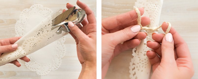 Besteck in der Rolle platzieren und mit einer Schnur fixieren.