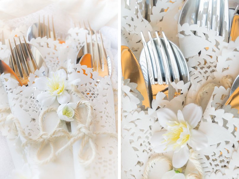 Zart umhüllt ist das Besteck in einer Tasche aus Tortenspitze.