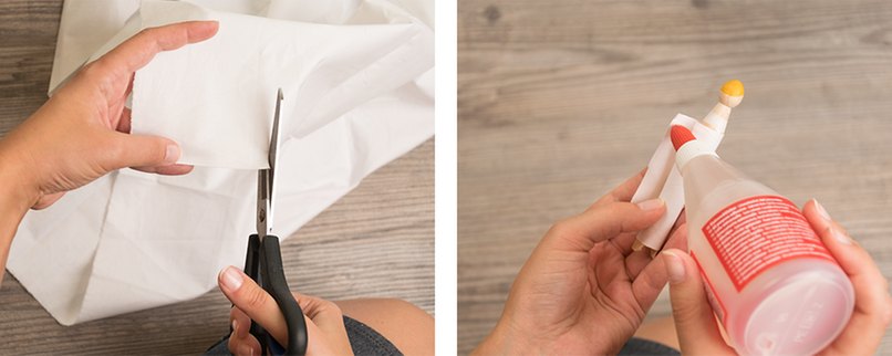 Schritt 4: Brautkleid zuschneiden und aufkleben. Kleid für Braut aus weißem Stoff ausschneiden und an Figur befestigen..