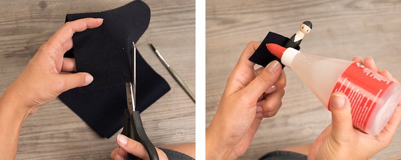 Schritt 3: Stoff zuschneiden und ankleben. Anzug aus schwarzem Stoff ausschneiden und aufkleben.