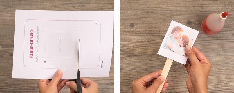 Schritt 2: Vorlage ausdrucken und Foto ankleben. Foto auf markierte Fläche kleben und mit etwas Klebstoff am Bastelstäbchen befestigen.