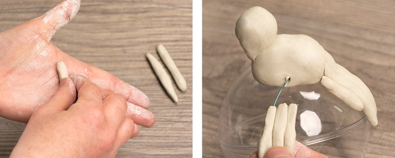 Schritt 4 - Flügel modellieren und mit Draht am Taubenkörper befestigen. Schritt 4 - Flügel modellieren und mit Draht am Taubenkörper befestigen.
