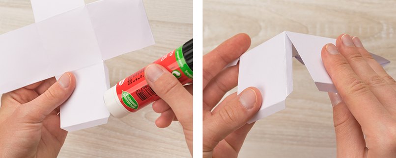 Schritt 3: Linien falzen und an den Klebelaschen zusammenkleben. Durchgezogene Linien knicken, Box mithilfe der Klebelaschen zusammenkleben.
