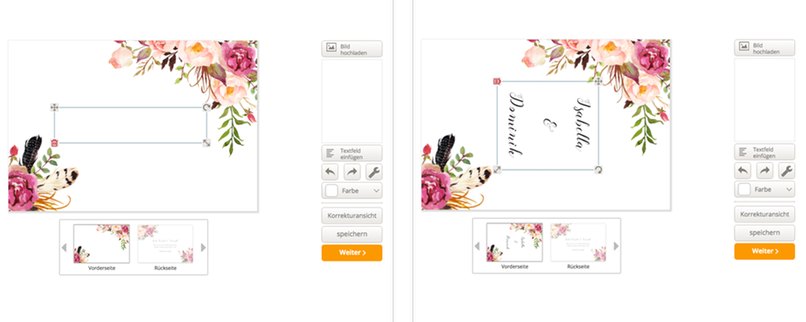 Mit wenigen Mausklicks fügt Ihr Eure Sprüche auf die Save-the-Date-Karten ein.