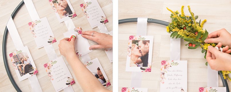 Schritt 2 Fotos und Sprüche-Karten aufkleben und mit Pflanzen und Blumen dekorieren. 