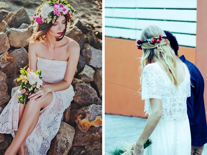 Blumenkränze und Stirnschmuck machen das Braut-Styling perfekt. 