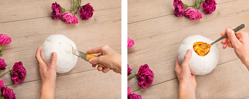 Der Kürbis wird nun ausgehölt