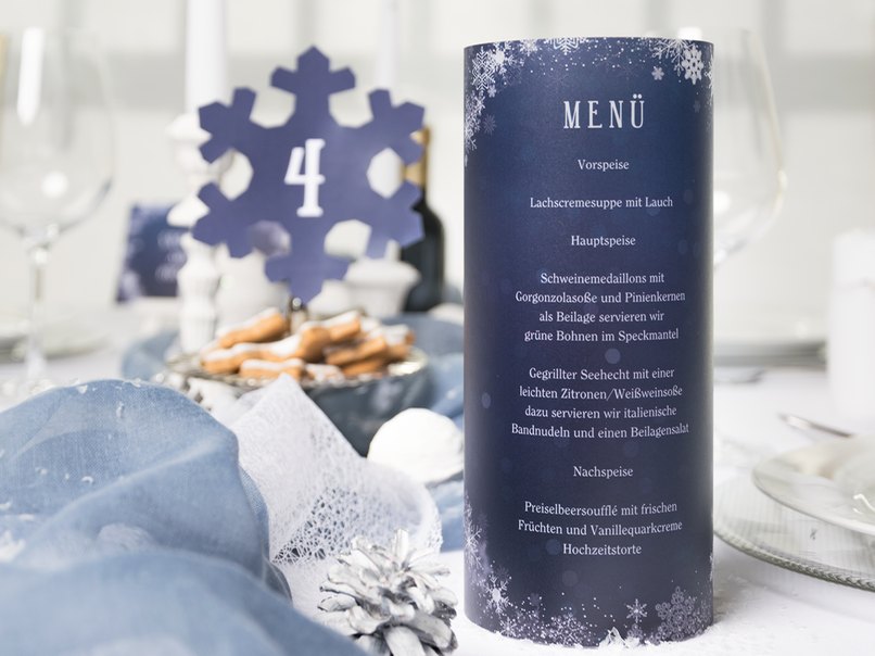 Windlicht Menükarte für die Winterhochzeit