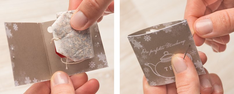 Schritt 3 - Teebeutel im Geschenkanhänger verstecken und mit Faden verschließen. Schritt 3 - Teebeutel im Geschenkanhänger verstecken und mit Faden verschließen.