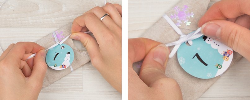 Bastelschritt 7 - Geschenkanhänger an Klorolle befestigen und Schleife binden