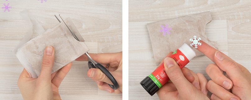 Bastelschritt 4 - Seidenpapier zurecht schneiden und Klorolle mit Sternen verziehren