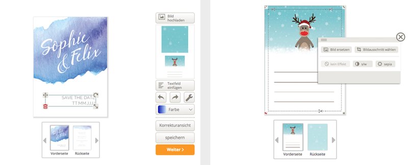 Bastelschritt 1 - Im Gestaltungsmodus von myprintcard.de den Gutschein mit eigenen Texten und dem heruntergeladenen Hintergrund gestalten