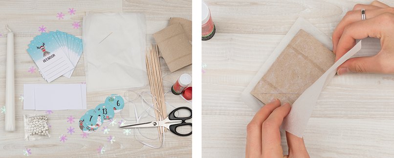 Bastelschritt 3 - Materialien bereitlegen. Klorolle in Seidenpapier kleben.