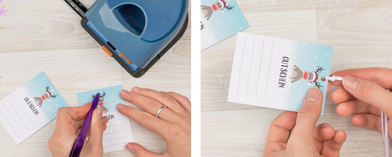 Bastelschritt 8 - In Gutscheinkarte ein Loch stanzen und Band daran befestigen