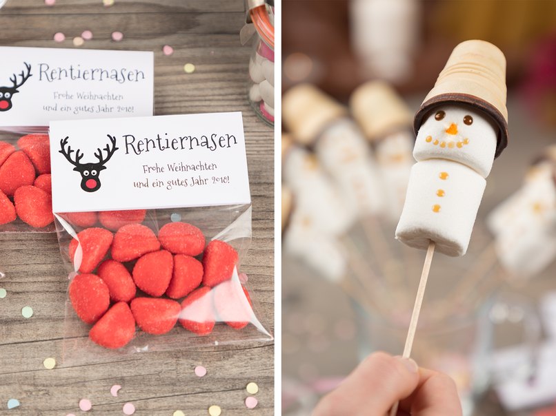 Schaum-Erdbeeren werden zu Rentier-Nasen und Marshmallows zu Schneemännern