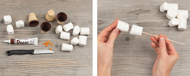 Bastelschritt 1 - Materialien bereitlegen und Marshmallows aufspießen 